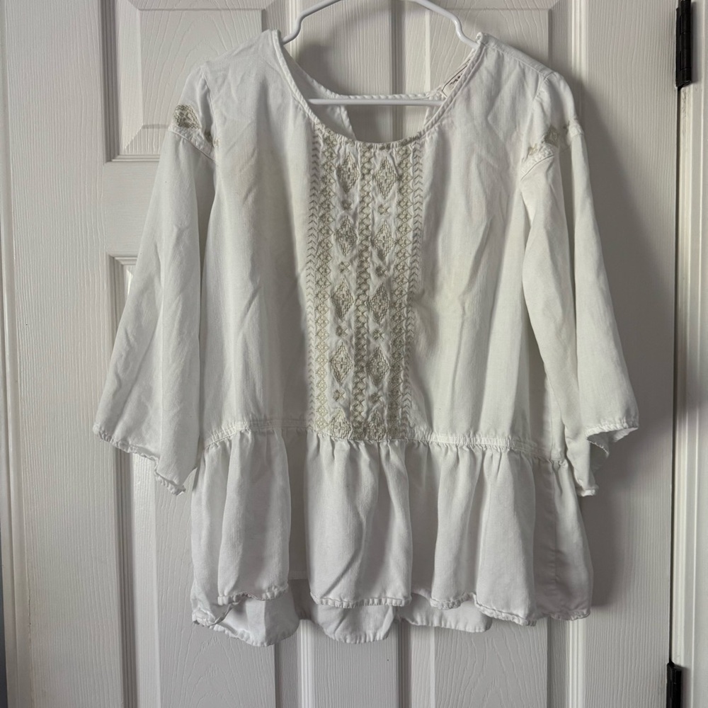 Ariat Women’s White Peasant Blouse with Embroidery 100% Tencel Size L